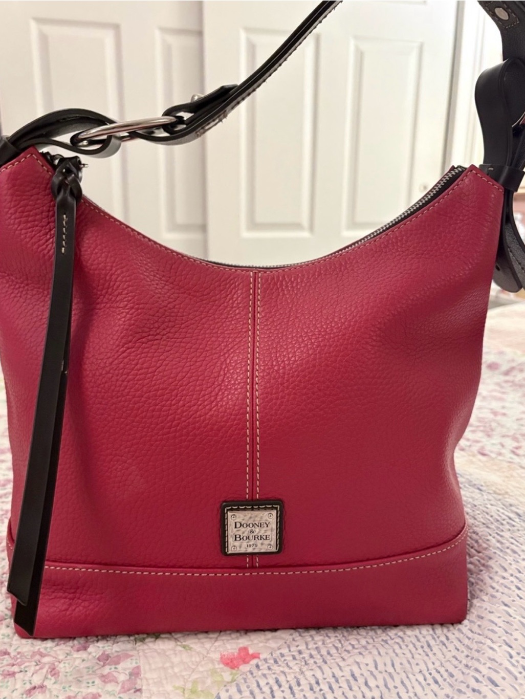 Dooney & Bourke Red Pebble Leather Shoulder Hobo With Dark Trim